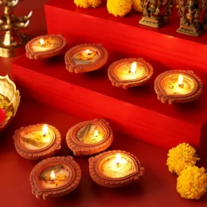 Flower Shaped Clay Diyas - Set Of 8