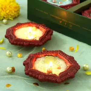 Set of 2 Earthen Diya with Wax and Pearl Beads